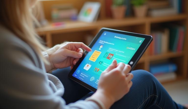 Estudiante usando una tablet con una app educativa