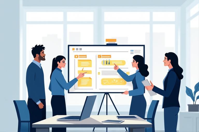 Personas discutiendo un plan de estrategia móvil en una pizarra